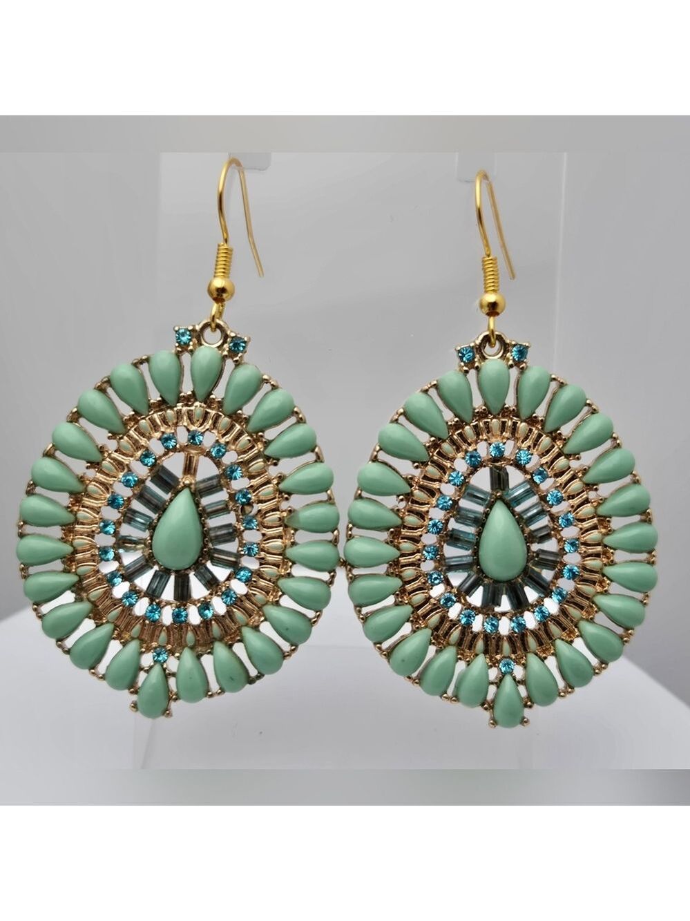 Mint Turquoise Crystal Beaded Dangle Earrings Sparkling Sage 2”